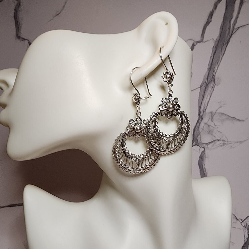 Vintage 925 Silver DGS Flower Filigree Dangle Earrings
